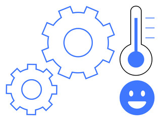 Obraz premium Two interlocking gears, a thermometer with rising levels, and a smiling face symbolizing efficiency, progress, and satisfaction. Ideal for teamwork, performance tracking, productivity tools, goal