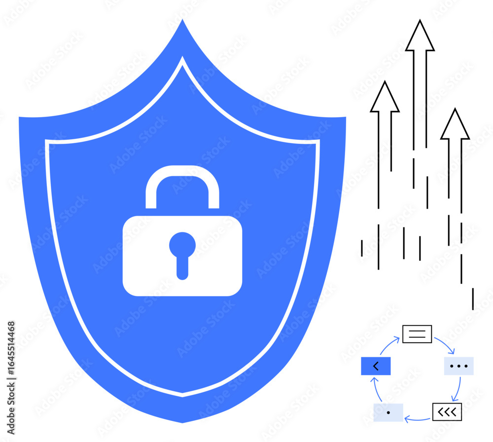 Poster blue shield with lock symbol representing security. upward data arrows and process diagram depict da