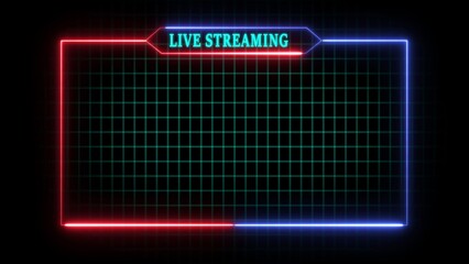 Live Streaming Neon Frame with Grid Overlay in Red and Blue on Black border glowing
