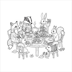 Vector art of woodland animals having a tea party at a table isolated on white background