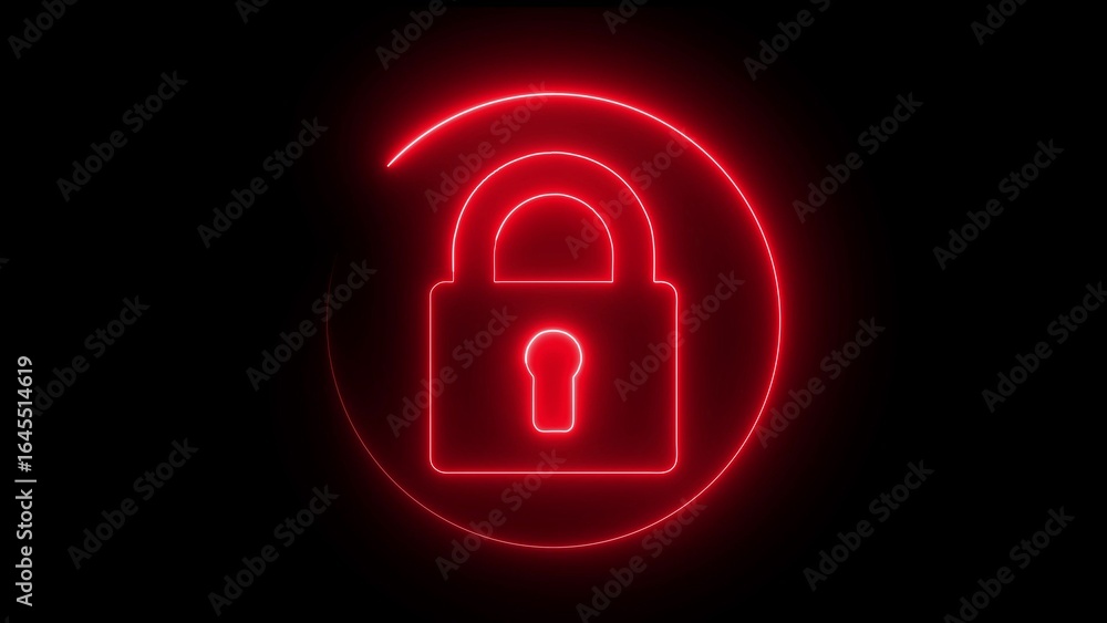 Aufkleber red neon padlock icon within a circular neon frame on a dark background signifying danger or alert
