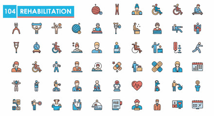 A collection of icons representing rehabilitation, disability, therapy, and medical assistance, displayed in a grid pattern with a blue banner at the top.