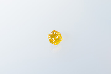 yellow dices for fantasy dnd and rpg tabletop games. Board game polyhedral dices with different sides isolated on white background