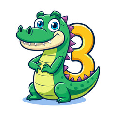 Playful alligator character with big number 3 vector illustration for kids, fun cartoon animal design for children book graphics