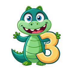 Playful alligator character with big number 3 vector illustration for kids, fun cartoon animal design for children book graphics