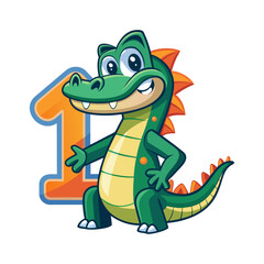 Playful Alligator Character Holding Big Number One | Cute Kids Animal Vector Illustration for Children’s Book, Nursery Art, Learning Materials
