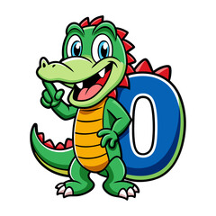 Fototapeta premium Playful cartoon alligator character holding giant number 0, fun educational animal vector for children’s book illustration and kids learning
