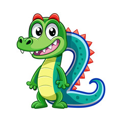 Playful Alligator Cartoon Character with Big Number 2 | Cute Animal Vector for Kids Learning, Nursery Decor, Children Book Illustration