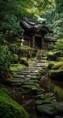 Fototapeta premium Moss-covered stone path leads to a dark wooden gate within a lush, green, tranquil Japanese garden, beside a small stream