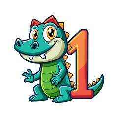 Playful Alligator Character Holding Big Number One | Cute Kids Animal Vector Illustration for Children’s Book, Nursery Art, Learning Materials