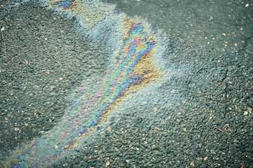 Gasoline or oil spill creating rainbow sheen on asphalt road