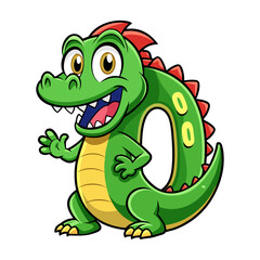 Playful cartoon alligator character holding giant number 0, fun educational animal vector for children’s book illustration and kids learning