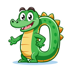 Playful cartoon alligator character holding giant number 0, fun educational animal vector for children’s book illustration and kids learning