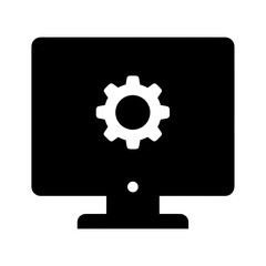 A filled black icon of a monitor with a gear symbol on screen, transparent background