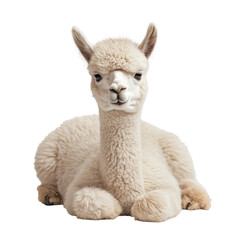Naklejka premium Adorable White Alpaca Lying Down Cute Fluffy Animal, isolated on a transparent background