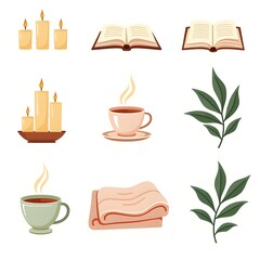 Cozy Home Essentials Vector Set – Candles, Books, Tea Cups, Blanket, and Leaves Illustration