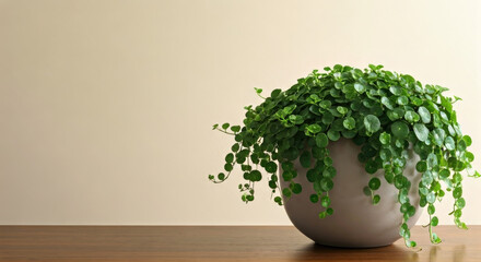 Fototapeta premium Potted Green Plant Displayed on Wooden Table with Beige Background