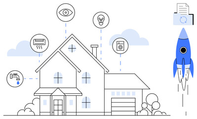 Smart home equipped with connectivity icons for automation, energy saving, security, and remote access. Rocket imagery suggests innovation. Ideal for home tech, sustainability, IoT, efficiency