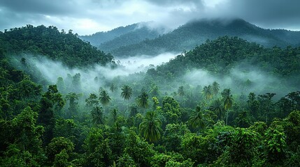 Misty Rainforest Morning Panorama with Mountain Mist and Sunlit Treetops
