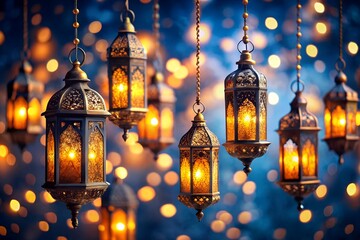 Obraz premium Beautifully lit ramadan lanterns hang in the dark, creating a magical and festive atmosphere with bokeh lights