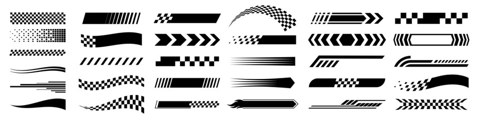 Racing stripes and checkered flags vector set.. checkered flag, finish line, motocross labels, dynamic lines, motorsport, racing stripe speed, sport decals, vehicle tuning stickers vector illustration