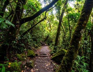 Lush, mossy forest path winding through dense foliage, sunlight dappling canopy