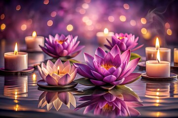 Beautiful lotus flowers with lit candles and soft bokeh lights, creating a serene and spiritual atmosphere