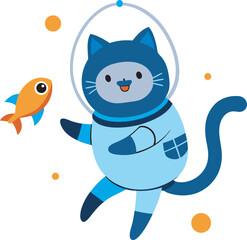A Cute Cartoon Cat Astronaut Floating in Outer Space with a Small Orange Fish Companion and Bubbles