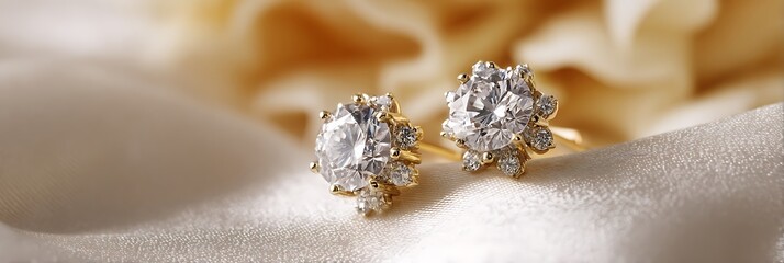 Luxury diamond studs displayed on cream velvet and soft gold accents