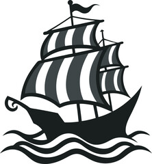 Elegant Black and White Sailing Ship Illustration with Wavy Water and Striped Sails on a White Background Capturing Maritime Adventure