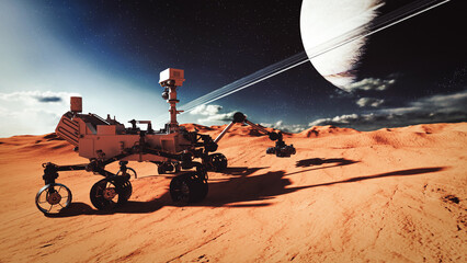 Mars rover exploring surface of Mars. Image of automated robotic space autonomous vehicle on the red Mars planet. Space exploration, astronomy science concept. 3D render