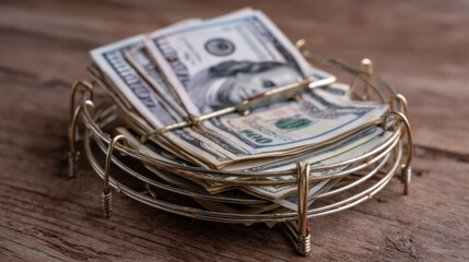 Cash neatly arranged in a decorative holder on a wooden surface showcasing monetary value and organization