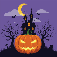 Fototapeta premium Vector art of a spooky halloween night with haunted house, pumpkin and full moon