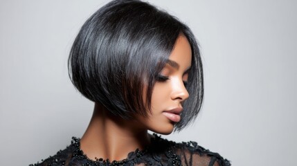 Side profile of a woman with a sleek, inverted bob haircut