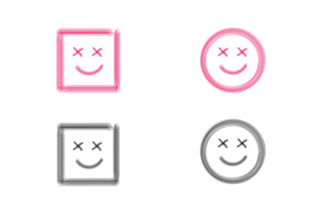Vibrant neon glow outline crossed eyes smiley face icons in square and circular frames, pink and black color minimal art emoji style for digital graphics, posters and contemporary design
