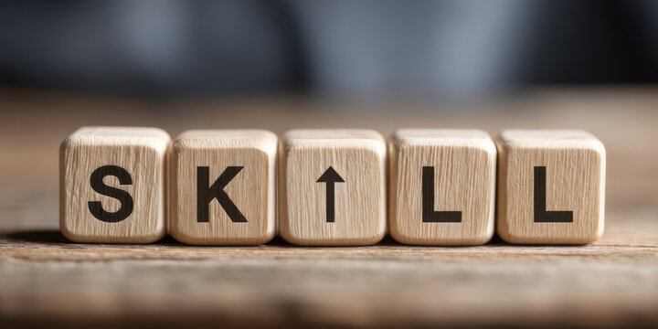Building essential skills for personal and professional growth using wooden blocks reflecting positive messages