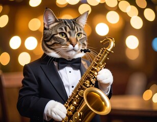 Obraz premium Cat in tuxedo plays saxophone in a warm-lit room