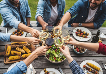 Group of diverse friends toasting with wine glasses at an outdoor barbecue