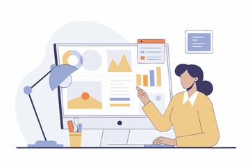 Confident professional analyzing data charts and graphs on computer screen, presenting business insights with clarity and focus in a modern workspace.