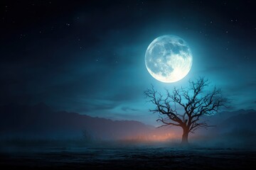Fototapeta premium Full moon lights a bare tree in a misty landscape against dark mountains and a starry sky
