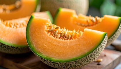 Juicy Melon: Close-up shot of ripe, freshly cut cantaloupe slices on a wooden board. Captured with vibrant colors.