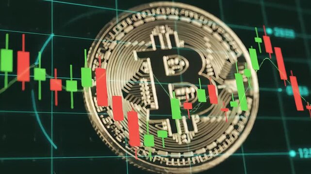A close-up of a Bitcoin coin in front of a live digital candlestick chart, illustrating cryptocurrency trading and market trends.