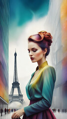 Stylish woman in colorful outfit standing in modern urban setting with  Eiffel Tower in  background. Digital painting with vivid colors and dreamy atmosphere.