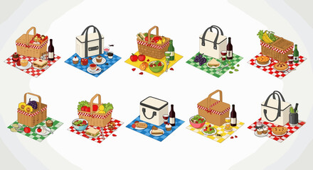Obraz premium Collection of picnic baskets and tote bags with food and drinks arranged on checkered cloths in a row