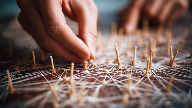 hands connecting wooden pins to form an intricate network