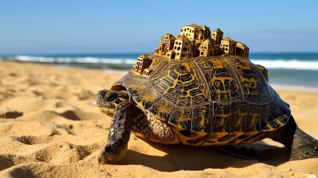Surreal turtle with architectural city buildings atop its shell