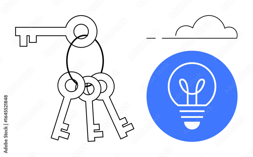 Poster set of keys linked together next to a blue circle with a light bulb and a cloud outline. ideal for i