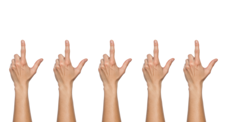 Five bare Caucasian adult hands pinching with progressively narrowing gaps, on a transparent studio background with copy space, concept of meticulous analysis and optimization