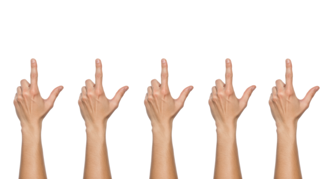 Five bare Caucasian adult hands pinching with progressively narrowing gaps, on a transparent studio background with copy space, concept of meticulous analysis and optimization