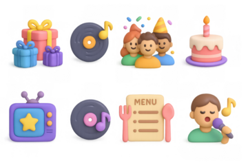 3d celebration icons with gifts, music, and festivities